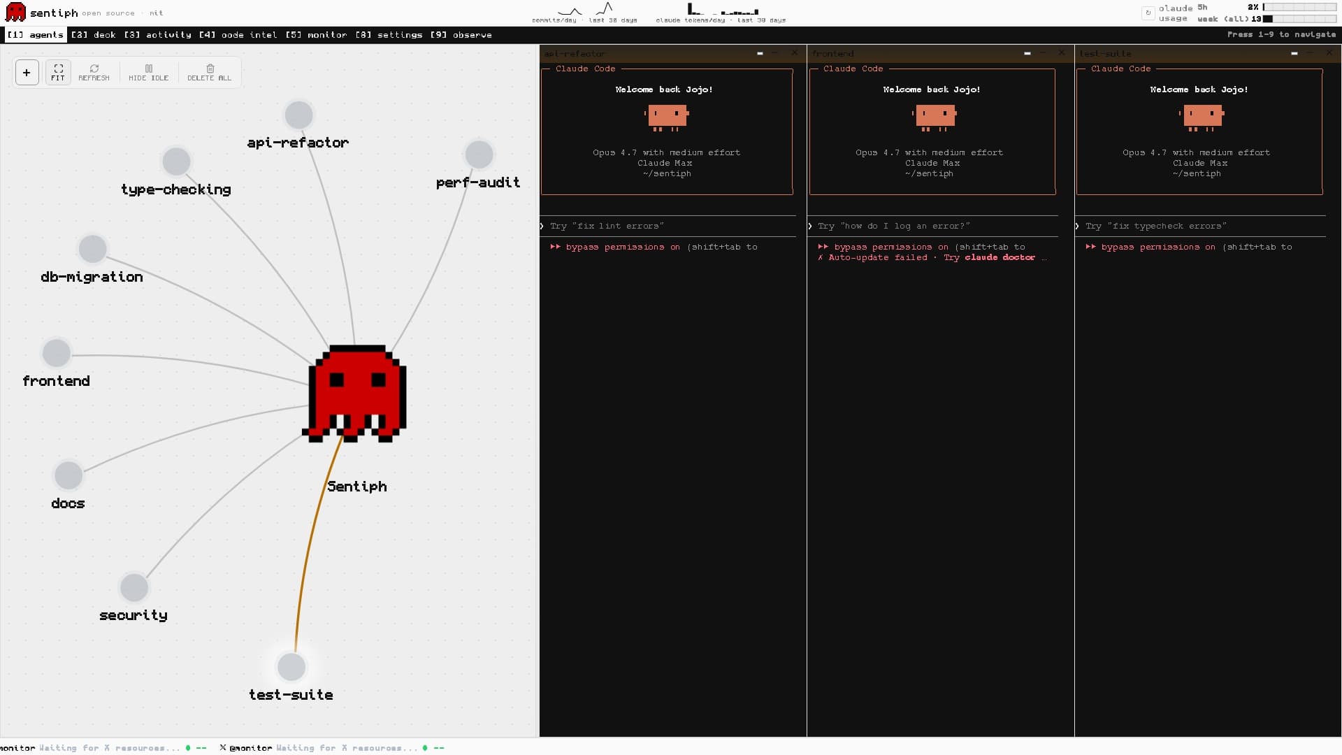 Sentiph agents canvas — 8 active sessions fanned out from the central mascot in a force-directed graph
